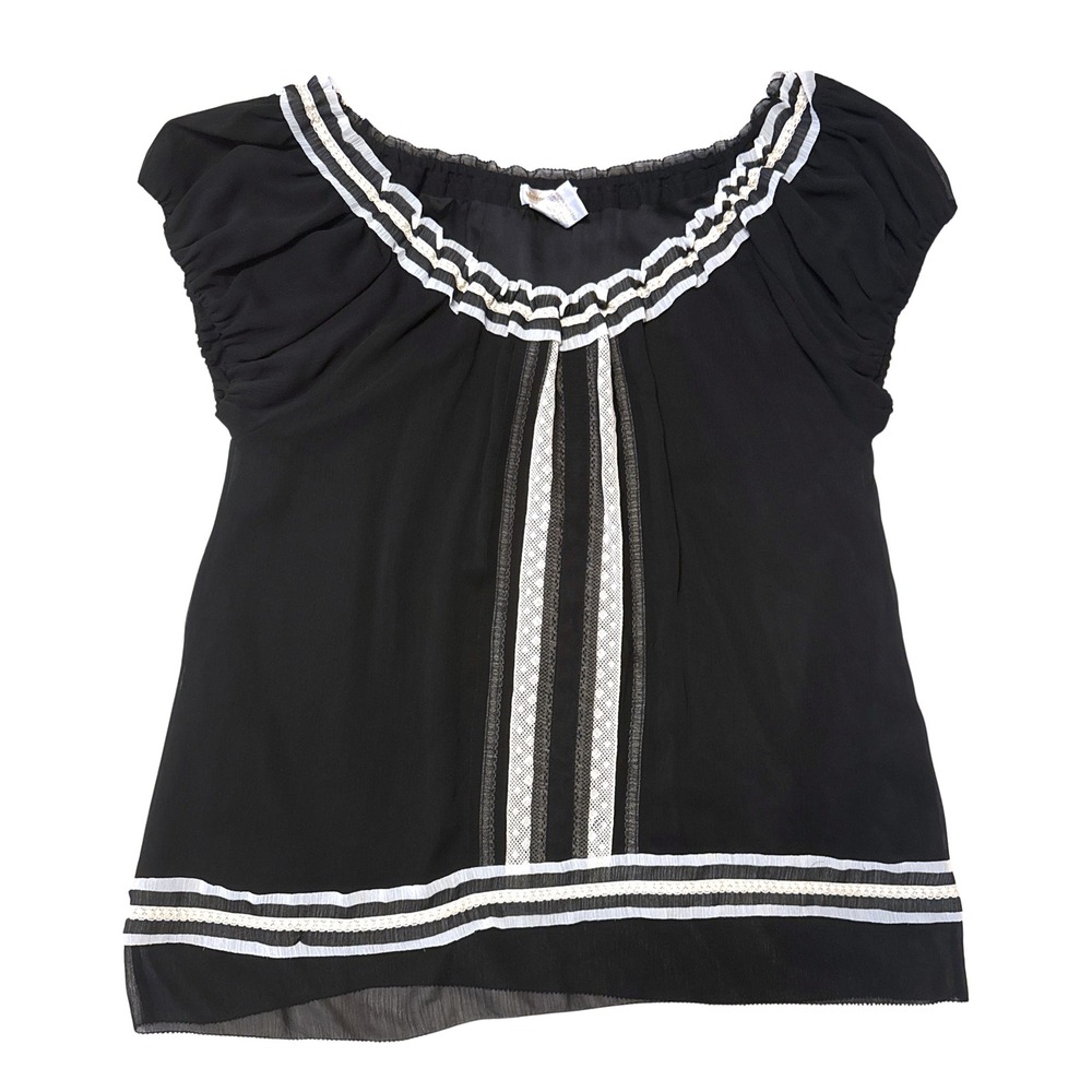 Monroe & Main Womens Large Black Lace Trim Short Sleeve Scoop Neck Blouse Top